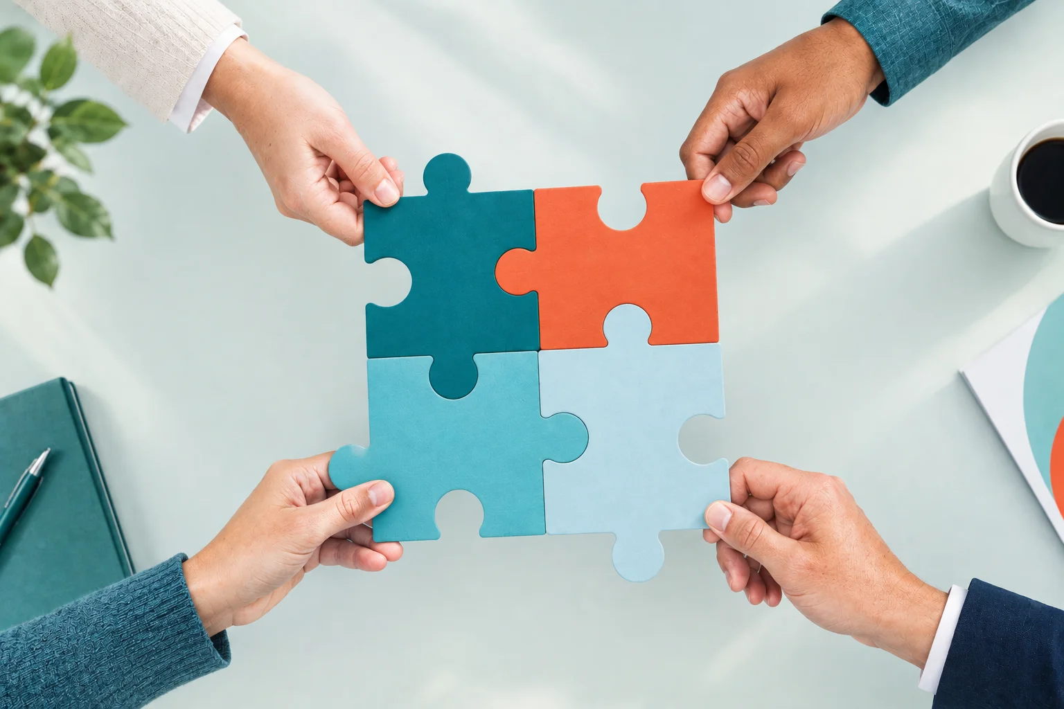 Quatre mains assemblant des pièces de puzzle